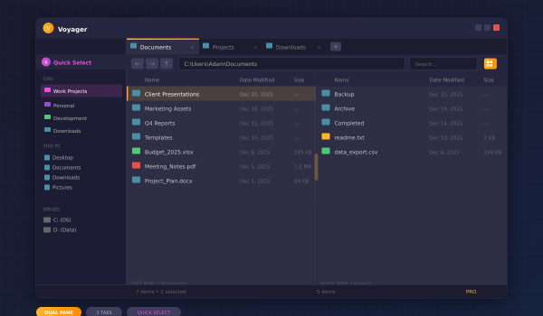 Voyager file browser with Quick Select sidebar